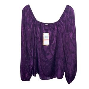Sheer Purple Paisley Burnout‎ Blouse Long Sleeve Square Neck Top